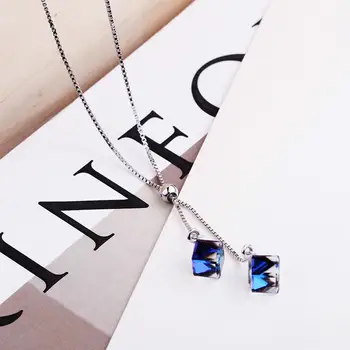 

925 Sterling Silver Sugar Cube Crystal Necklace Women Fashion Box Chain Fine Jewelry Simple Necklaces & Pendants Party 925-232