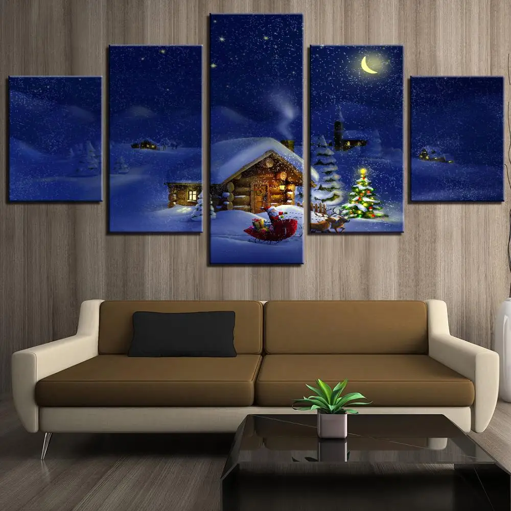 

Home Decor 5 Panel Christmas Cabin/Santa Claus/Tree/Snow Canvas Night Sky Poster Print Painting Wall Art For Living Room Picture
