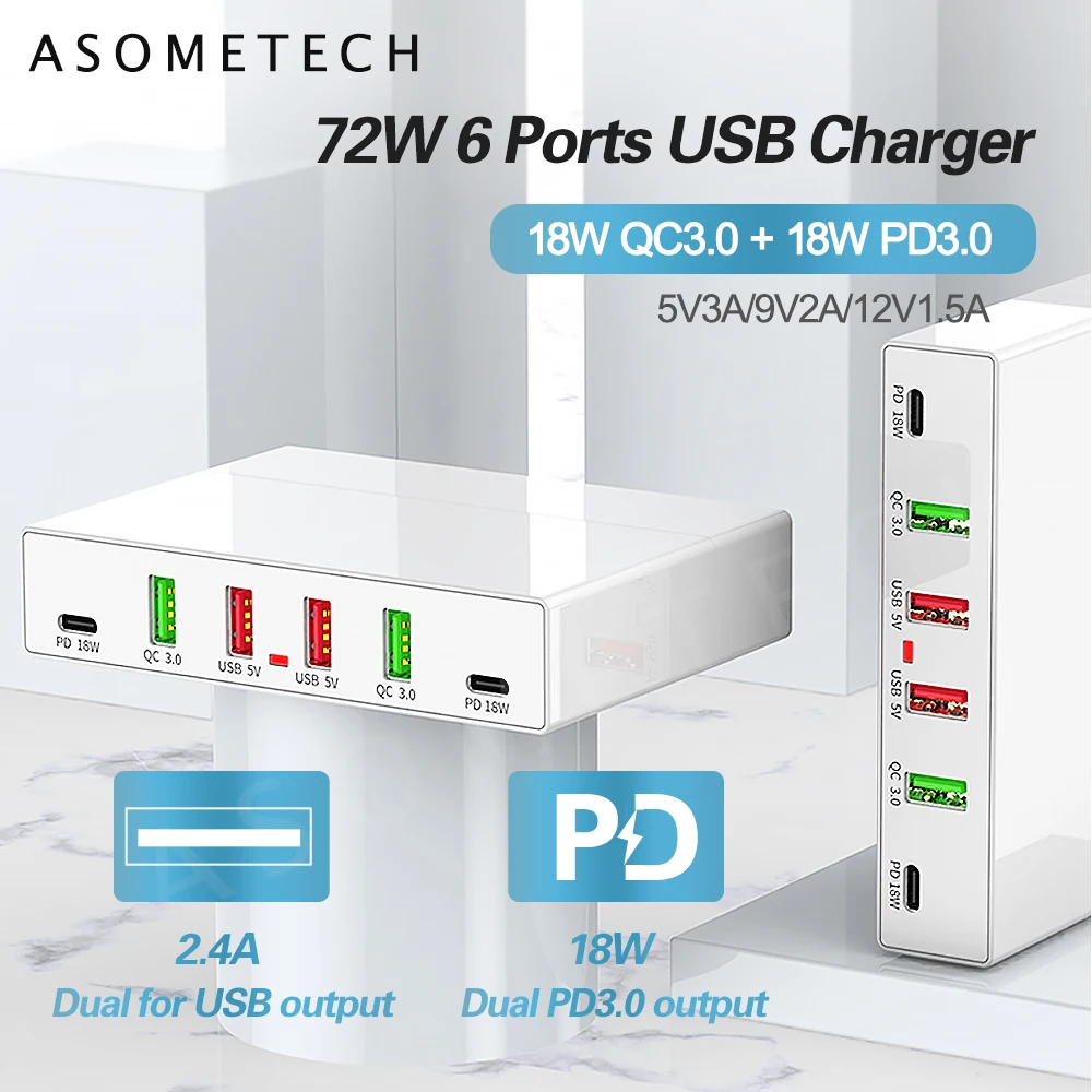 6 Ports PD Fast Charging USB Charger 18W QC3.0 PD 3.0 Phone Charger Station Multi-port Quick Charger for iPhone Samsung Xiaomi