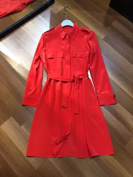 

Epaulettes Double Pocket Silk Red Medium Long Elegant Windbreaker Coat Winter Jacket Women Long Sleeve Lapel Turn-down Collar