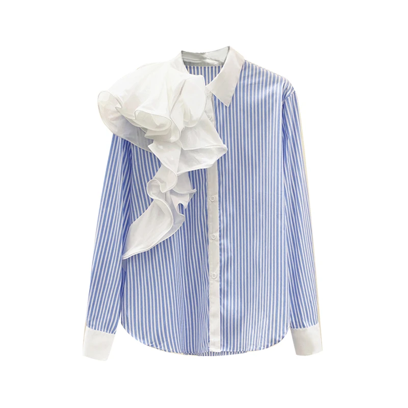 Blue Vertical Striped Ruffle Irregular Stitching Shirt Women's Tops and Blouses 2020 Spring Autumn Long Sleeve Retro Blouse Top - 4.00068E+12