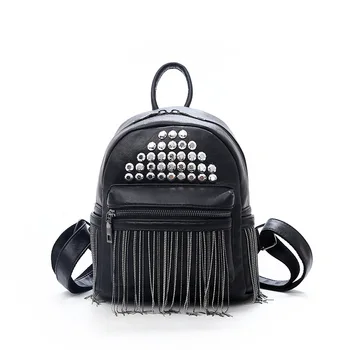 

2019 new version of PU leather bag fashion tassel double shoulder bag rivet solid color double shoulder backpack travel backpack