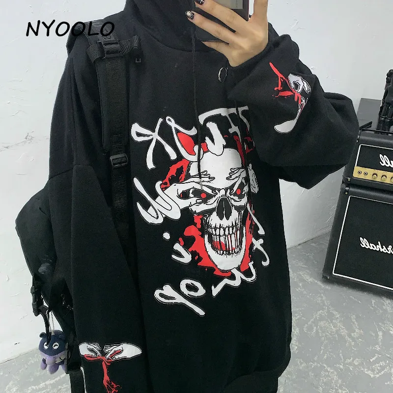 NYOOLO, Harajuku, уличная одежда, Череп, буквы, принт, свободные, теплые толстовки, Осень-зима, плюс бархат, пуловер, толстовка с капюшоном, для женщин и мужчин
