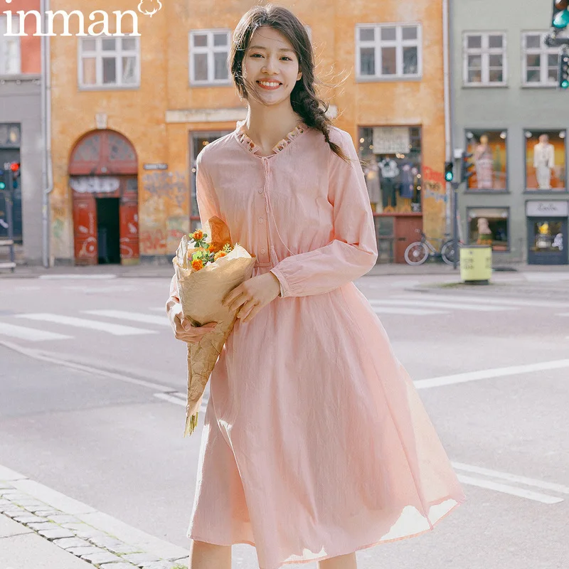 INMAN Long Sleeve Dresses Spring Artsy Retro Vintage Embroidery Shaped Women Sweet | Женская одежда