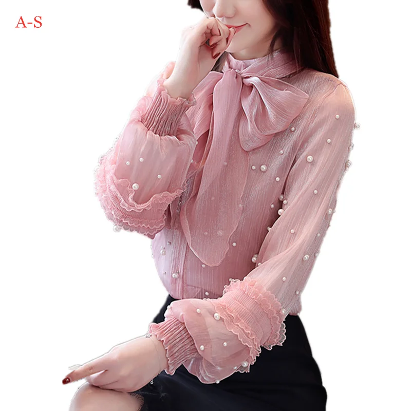 

2019 Autumn New bow Beading Chiffon Blouse Female Long-sleeved Wild Lantern Sleeves Chiffon Shirt