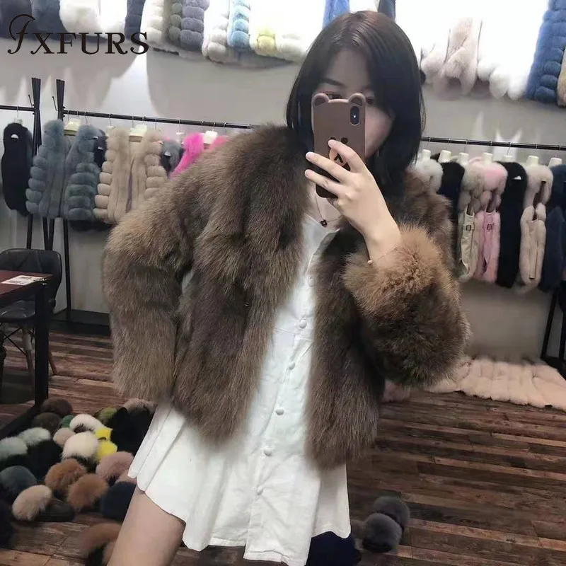 FXFURS новые женские куртки из натурального Лисьего меха, зимняя модная теплая верхняя одежда, роскошные меховые пальто, короткая женская меховая одежда с v-образным вырезом, Повседневная