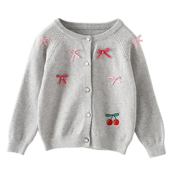 

Spring Autumn New Baby Girls Bow Knitted O Neck Girl Solid Cute Long Sleeve Sweater Button Coats For 1-5Y Child Clothes
