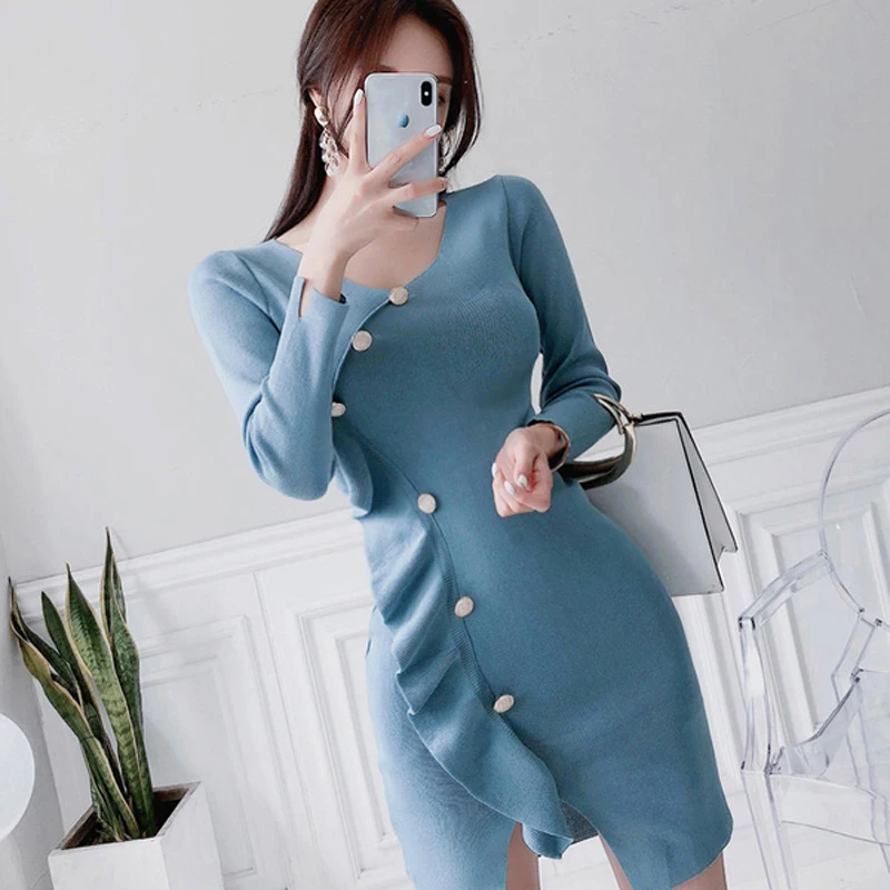 

2019 Autumn Winter Sheath Stretch Knitted Dress Women Single Breasted Ruffles Blue Bodycon Split Pullover Mini Dress
