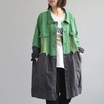 

Vintage Green Green Patchwork Denim Jacket Caual Long Coat Women Cowboy Washed Old Color Windbreaker Female Jeans Clothing
