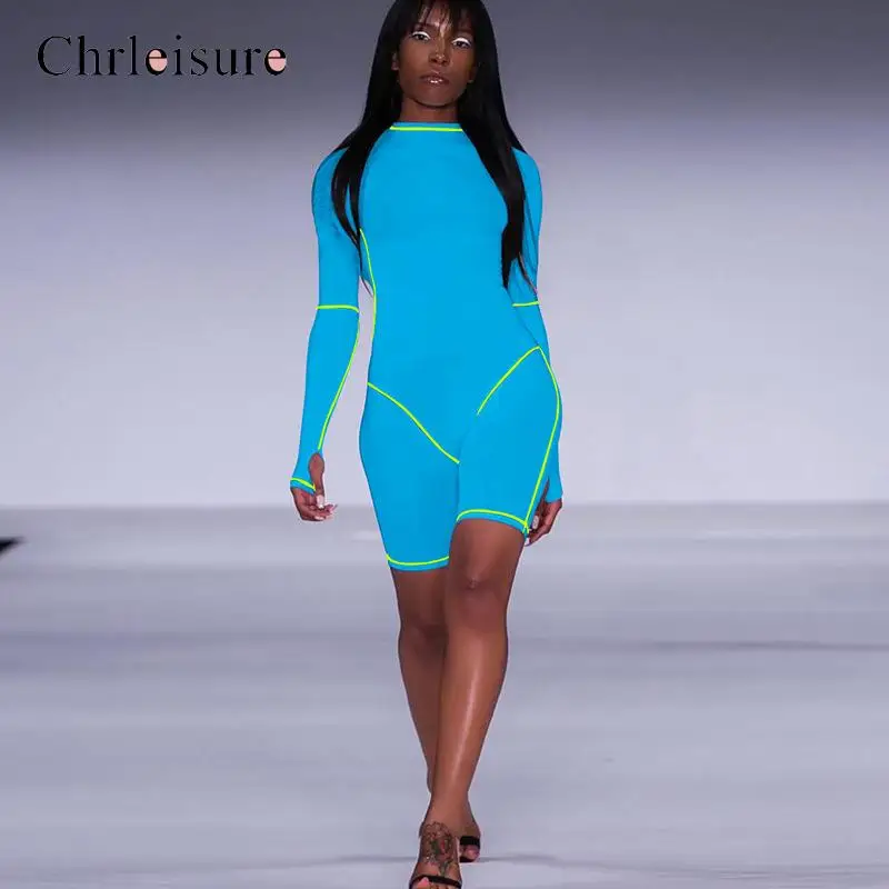 

Women Fashion Elastic Skinny Bodysuit 2019 Long Sleeve With Thumb Hole O-neck Short Playsuit Female Sportswear Short Romper