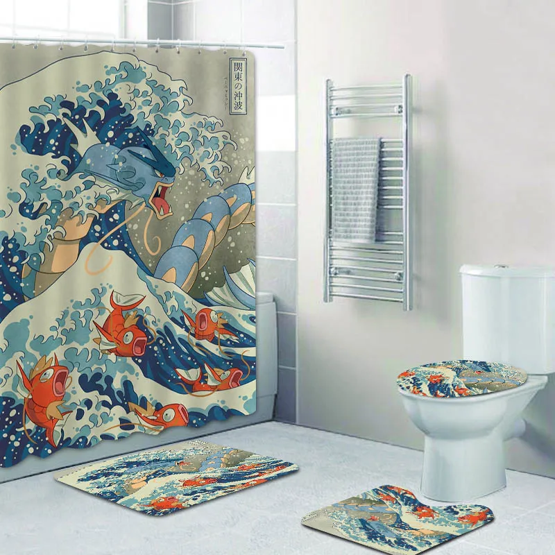 The Great Wave off Kanto Kanagawa Japanese Anime Bathroom Curtains Shower Curtain Set for Toilet Bath Mat Rugs Carpet Home Decor