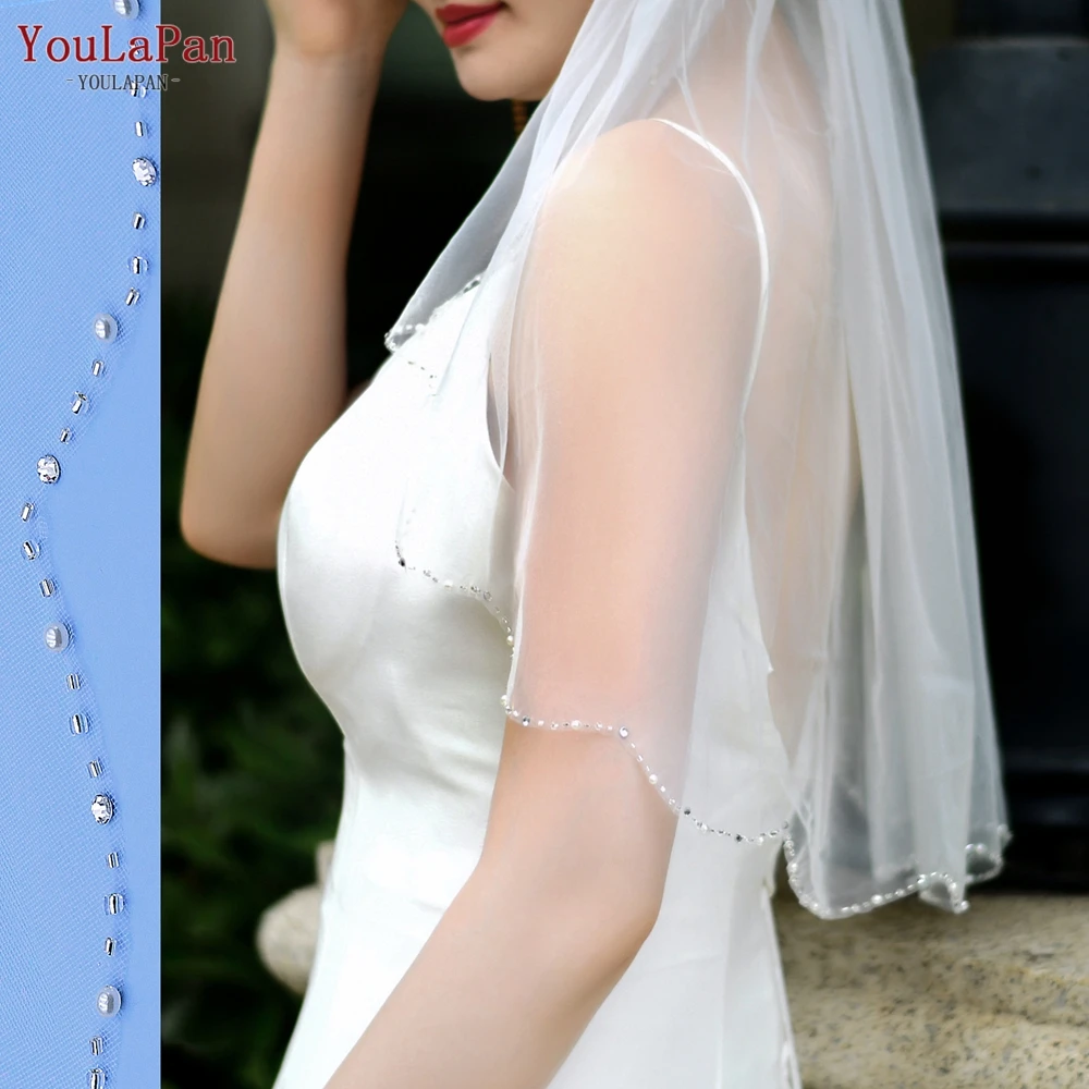 YouLaPan V33 Wedding Crystal Veil Glitter Veil Short Veil 60cm Women Veils  with Comb Wedding Crystal Beaded Bling Sparking