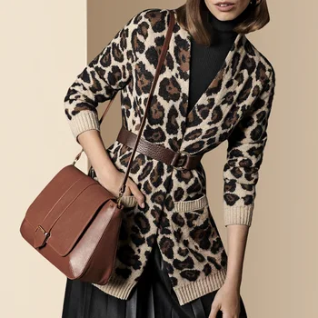 

Autumn Spring Women's Knitted Jacket Leopard Print V-neck Long Sleeve High Waist Sweater Coat Female Cardigan TA281