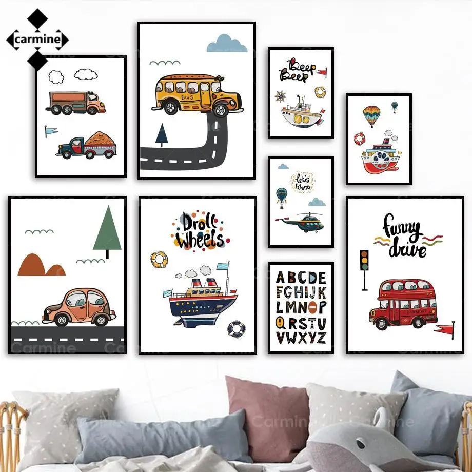 Nursery Canvas Painting Cartoon Alphabet Car Bus Boat Nordic Poster E Stampe Wall Baby Art Wall Pictures Boys Kids Room Decor