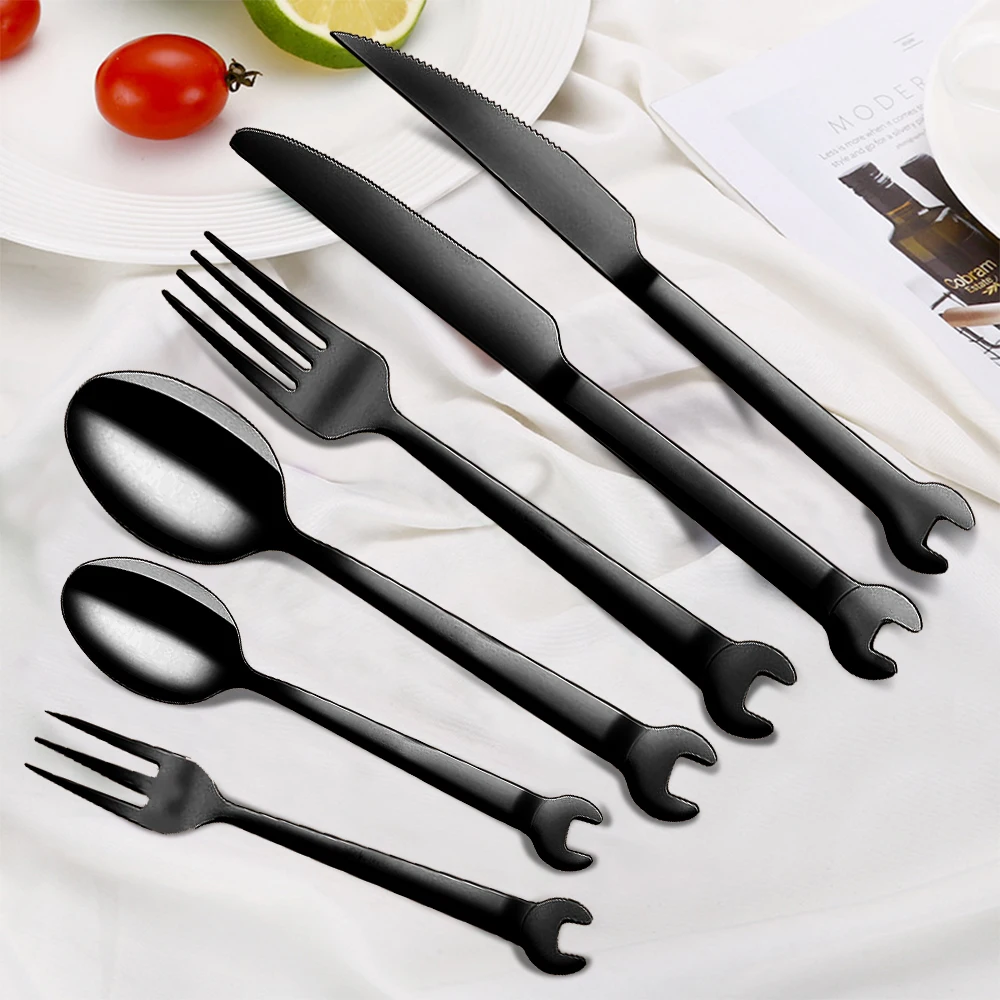 Plating Stainless Steel Tableware Steak Knife Dinner Fruit Dessert Long Fork Tea Spoon Creative Wrench shape Stainless Steel Spoon Fruit Fork Expandable Fork Silverware Set Silicone Fork Silicone Cooking Fork