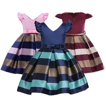 

Summer Princess Girls Dress N-neck Striped Gold Costumes Birthday Wedding Party Frocks Dresses disfraz infantil 2 4 6 8 10 Years
