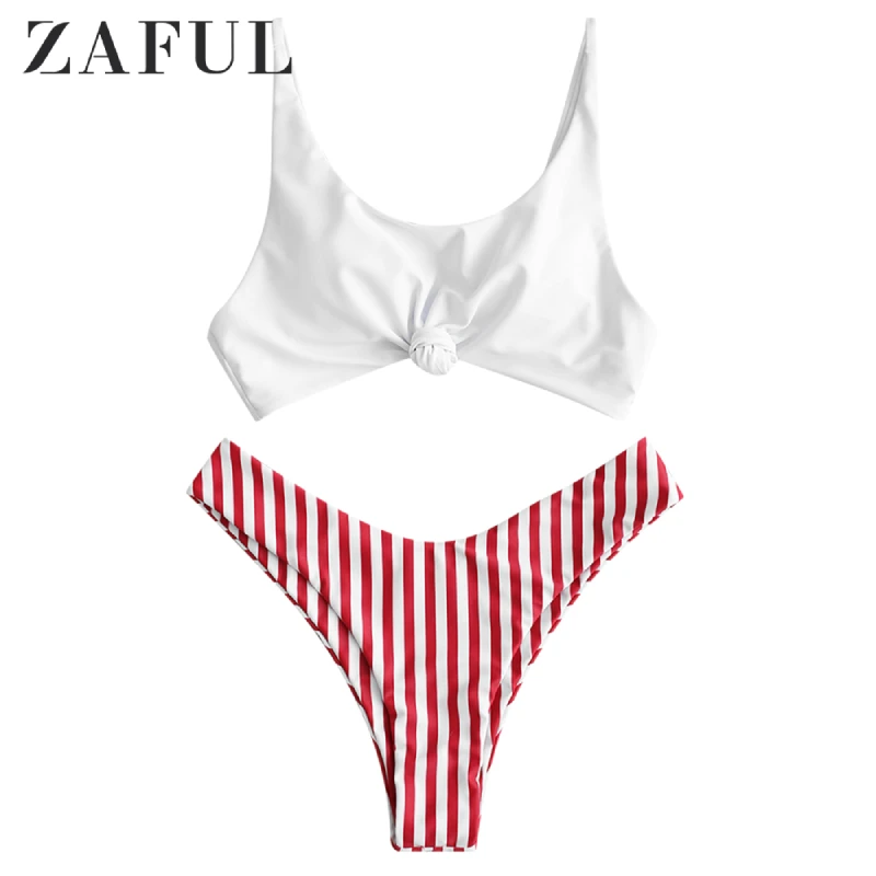 

ZAFUL Contrast Striped Knot Women Set Summer Beach Suit Fashion Spaghetti Straps Padded Crop Top Shorts Sets Girls Beachwear