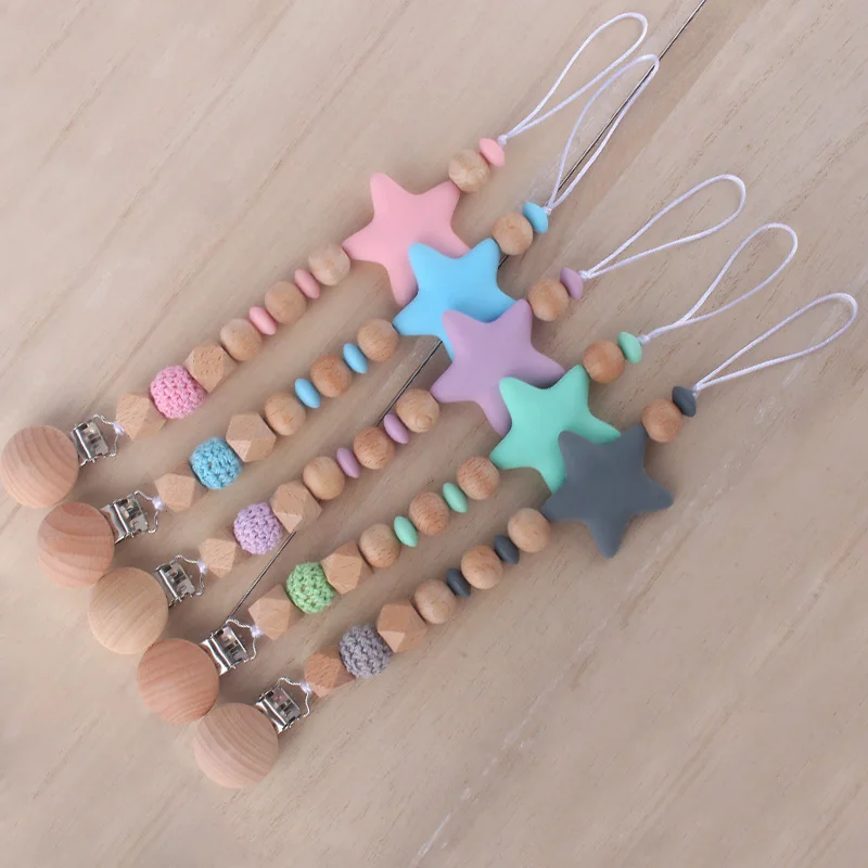 Cut Price Food Grade Silicone Beads Star Pendant Beech Wooden Pacifier Holder Chain Clip for Baby Yypa8K0A3