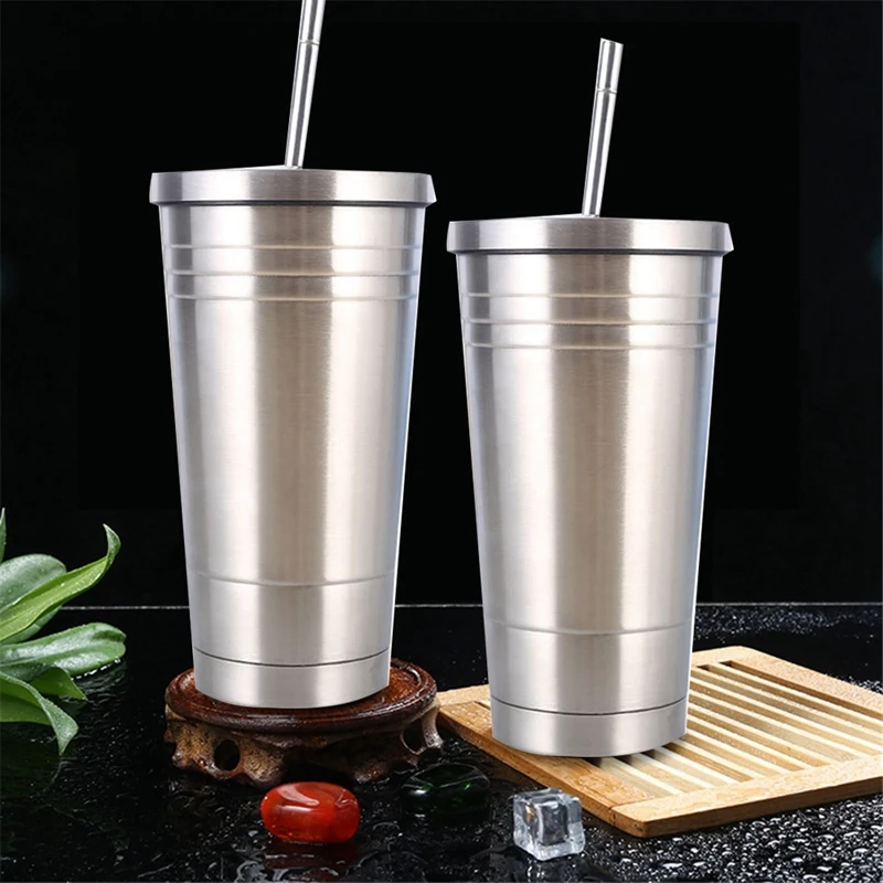Double Stainless Steel With Straw Coffee Cup With Cup Outdoor Travel
