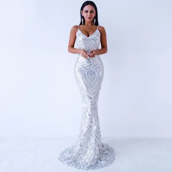 

2019 V-neck Spaghetti Strap Backless Summer dress Sequined Evening Party Sexy Women celebrity body con Long dresses wholesale