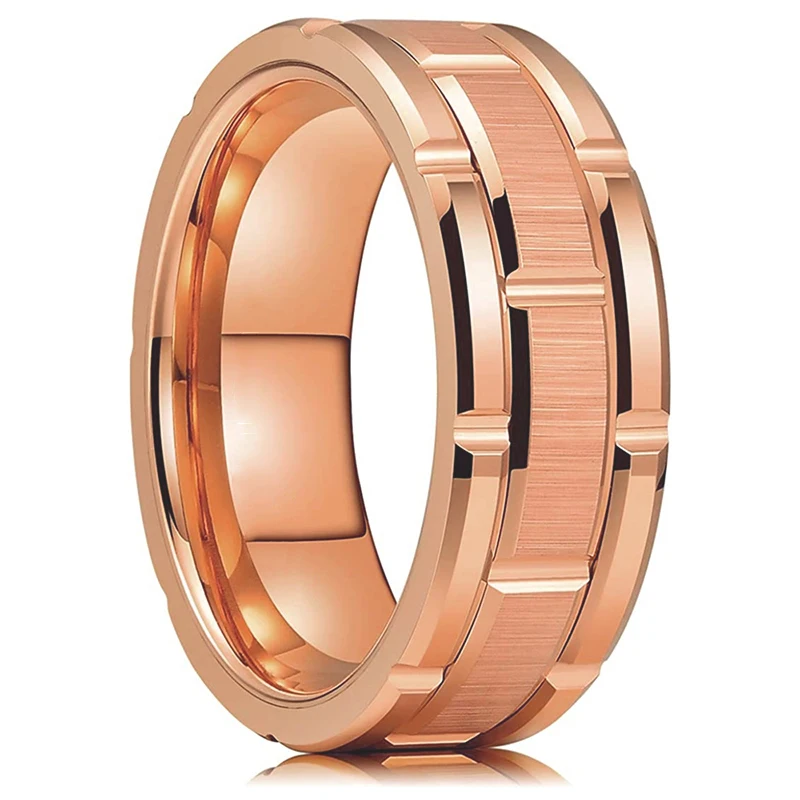 Men's Gold Groove Tungsten Wedding Ring with Carbon Fiber Punk Gear Design