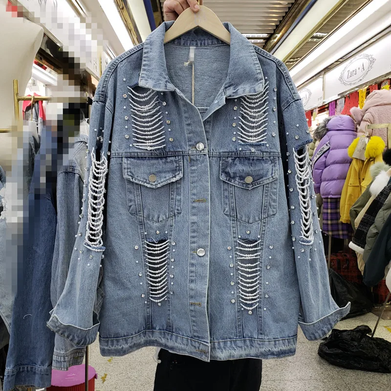 

2020 Spring New Korean-Style Tops Hand-Made Pearl Bead Ripped Distressed Loose Coats Women's Casual Jacket Jean Jackets Coat