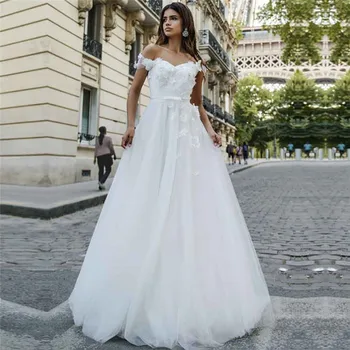 

Sweetheart Tulle White A-Line Wedding Dress With 3D Flowers Adorned Lace Up Corset Bridal Gowns Short Sleeves Custom Vestidos