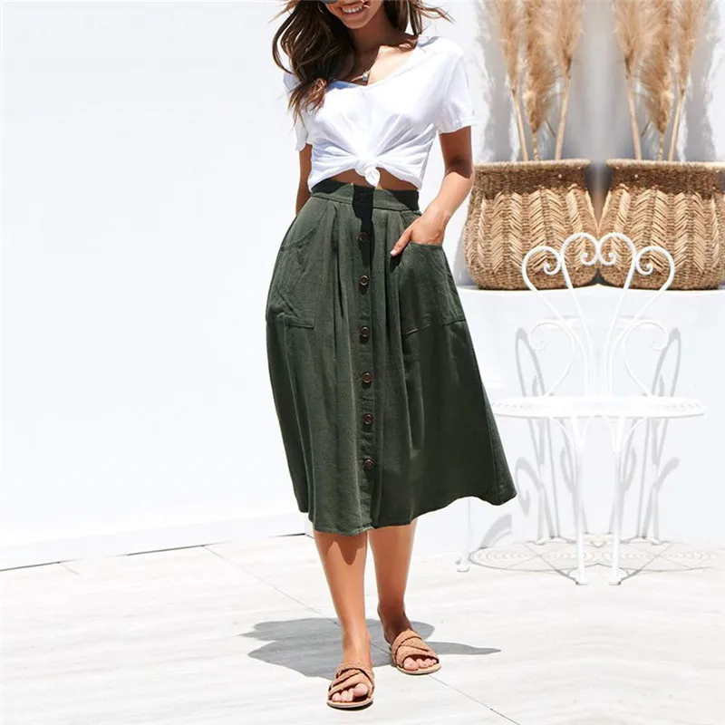 2 Colors Women Casual Midi Skirt Elastic High Waist Front Button Pockets Ladies Autumn Skirts Fashion Loose Plus Size Skirt 2 Colors Women Casual Midi Skirt Elastic High Waist Front Button Pockets Ladies Autumn Skirts Fashion Loose Plus Size Skirt