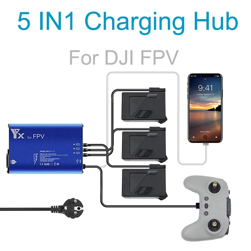 Photo Product 5 in 1 Battery Charger Hub for DJI FPV Drone Remote Controller SmartPhone Charging Hub Intelligent Rapid Charger