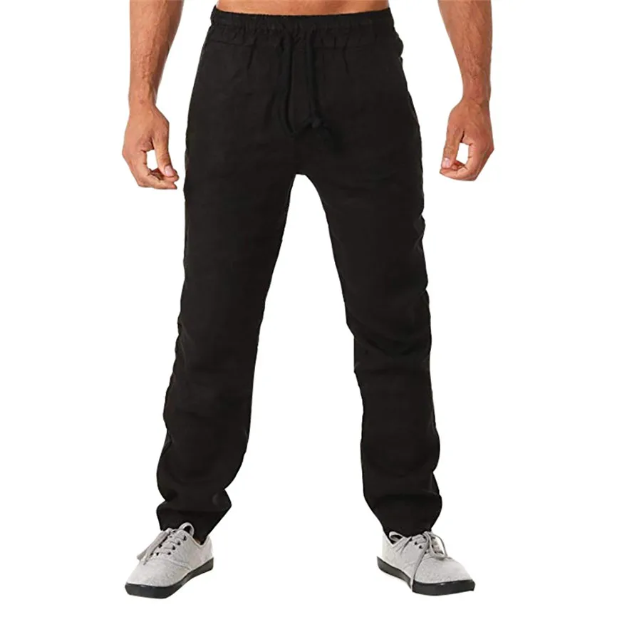 Спортивные брюки для мужчин мужские летние новые стильные простые и модные однотонные хлопковые и льняные брюки мужские брюки на лямках - Цвет: Black