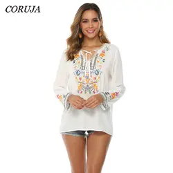 CORUJA 2019 Осень Новая мода для женщин вышивка цветами мексиканские блузки кружева v-образным вырезом полный рукав белые рубашки