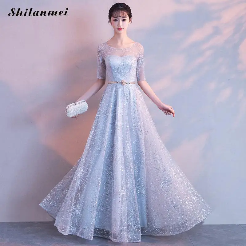 

Shining Silver Evening Party Dress Women Half Sleeve Star Pattern Long Dress Elegant Transparent Mesh Patchwork Dresses Vestidos