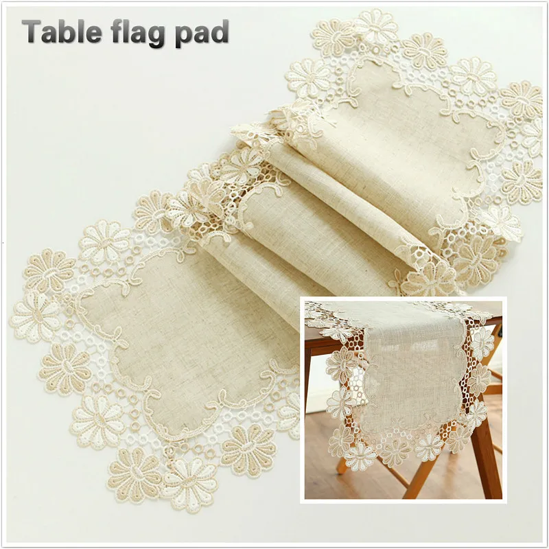 

British Style Fashion Beige Water Soluble Lace Trim Cotton Table Runner Flag Mat Banquet Party Hotel Villa Luxury Simple Decor