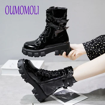 

New Patent Leather Boots Women Lace Up Gothic Black Platform Leather Mid-Calf Boots Women Shoes Botas Mujer V381