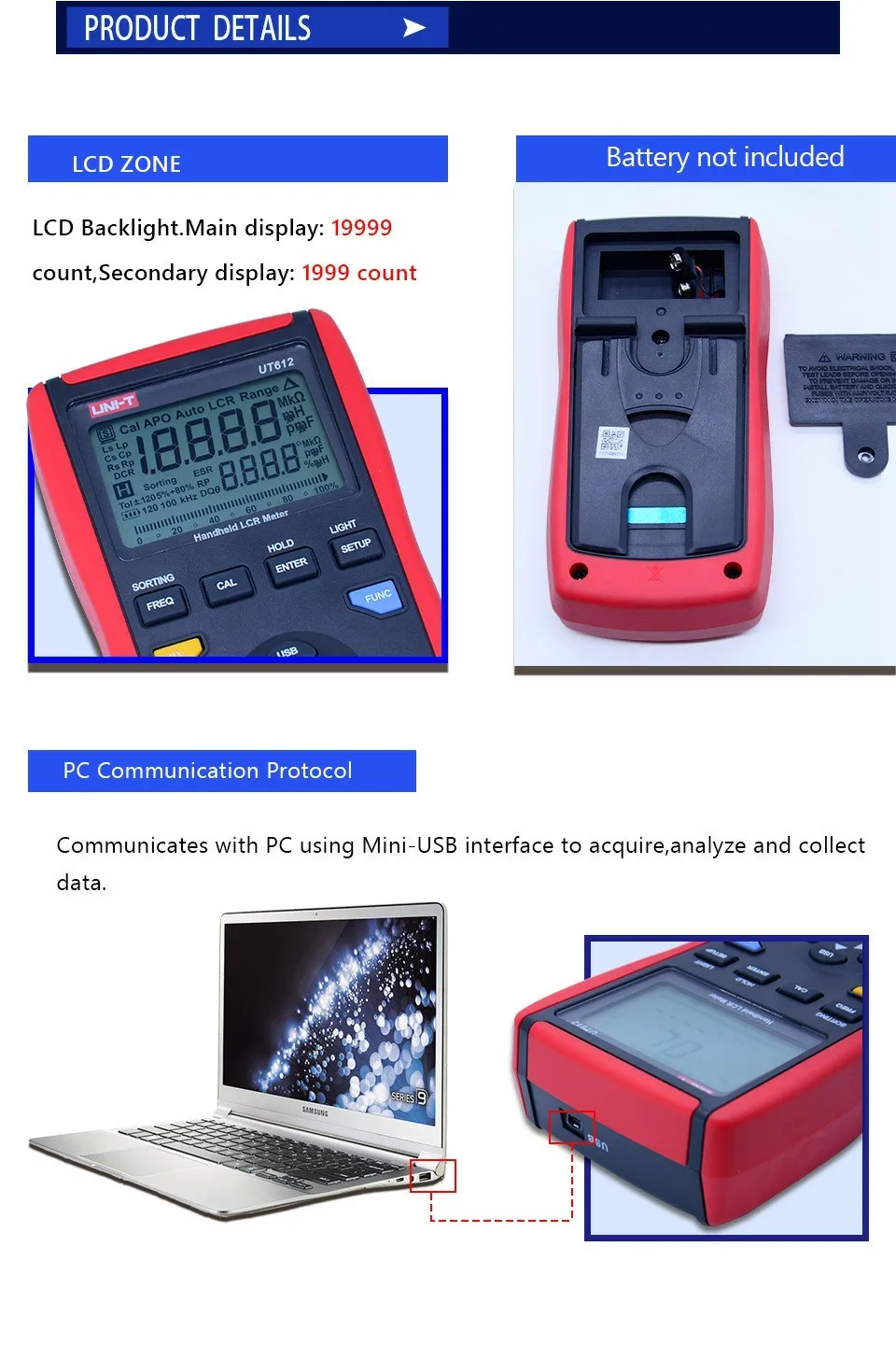 UNI-T UT612 USB интерфейс 20000 отсчетов частота индуктивности Тест отклонение коэффициент измерения LCR метров с коробкой