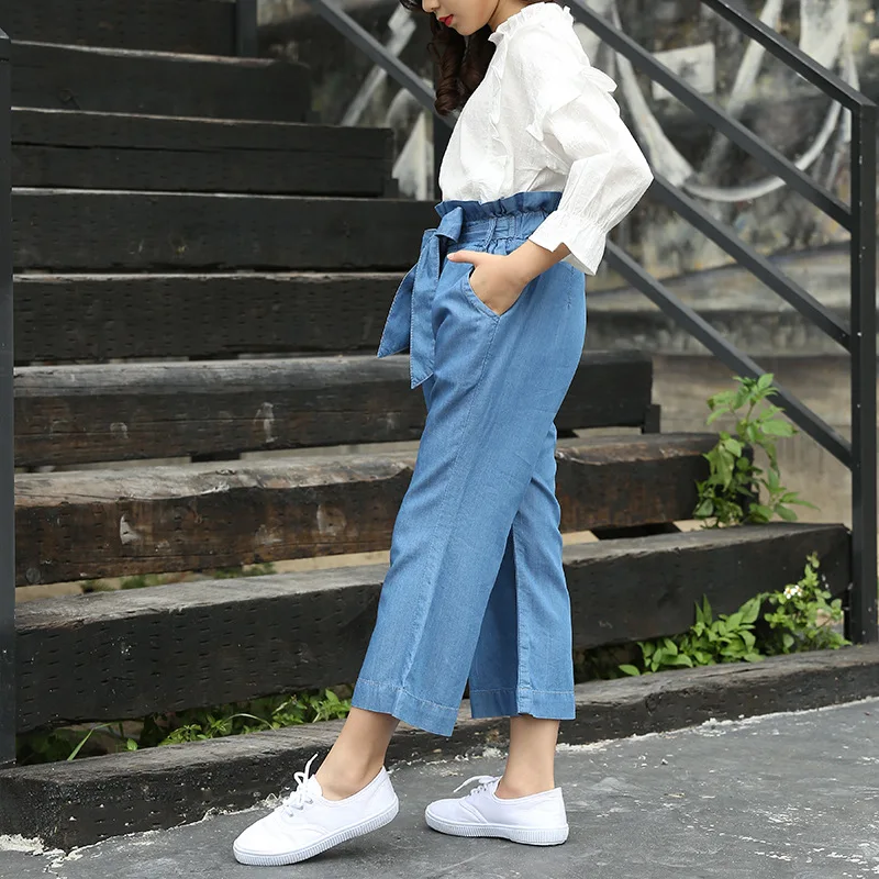 

El Monte 2019 Spring Girls' Cropped Pants Big Boy Viscose Jeans Children Loose Pants Korean-style Fashion