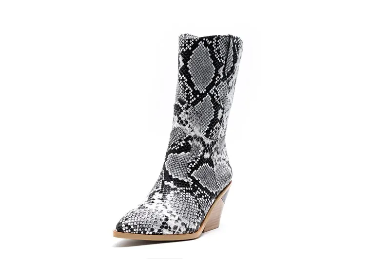 snake gray thick fur MORAZORA/Новинка года; Брендовые женские ботинки с острым носком на квадратном каблуке; сезон осень-зима; зимние ботинки; короткие женские ботильоны для женщин в западном стиле - Цвет: snake gray thick fur