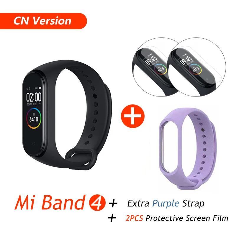 Xiaomi mi-браслет 4 музыкальный смарт-браслет mi Band 4 браслет пульсометр фитнес 135 мАч цветной экран Bluetooth 5,0 браслеты - Цвет: CN Add Purple Film
