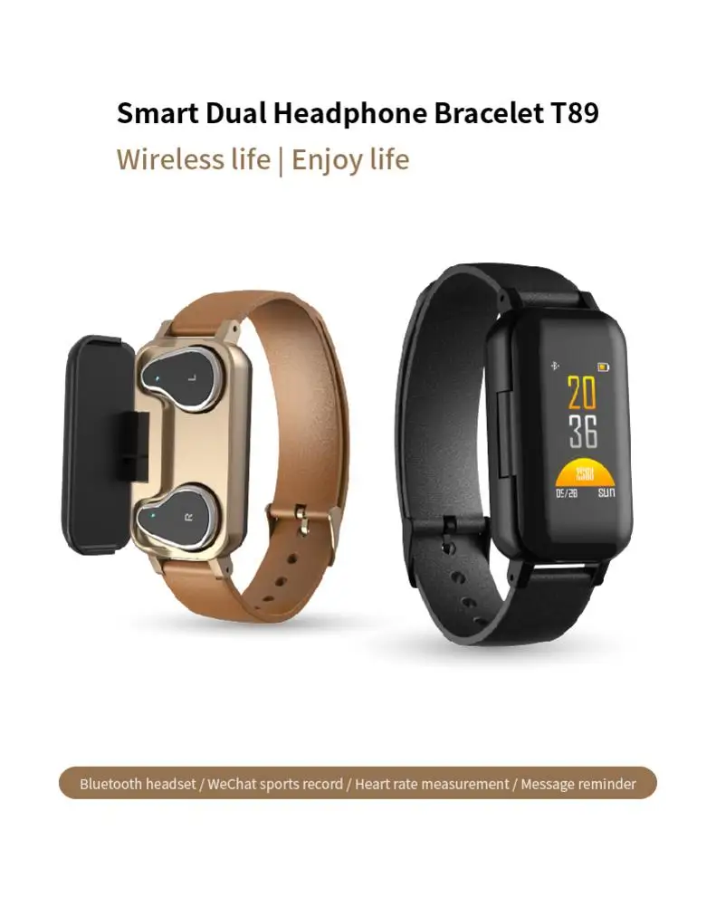 

T89S Smart Bracelet IP67 Sports Wristband Heart Rate Monitor Fitness Tracker 2 IN 1 TWS Bluetooth Headset Wireless Earphones