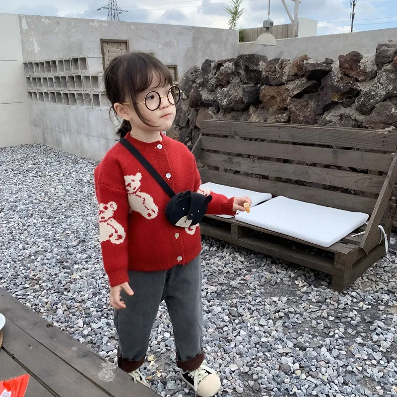 Winter Cartoon Bear Jacquard Children Knitted Sweaters Thick Warm Anti-pilling Baby Girls Boys Cardigan Sweater Soft Coats