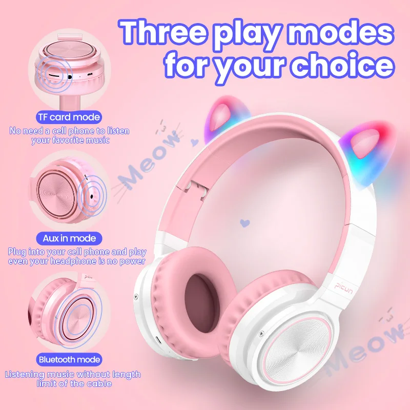 Kids Bluetooth5 0 Cute Cat Ear Headsets Wireless Hifi Headphones Stereo Noise Cancelling Headphones LED Luminous with Microphone