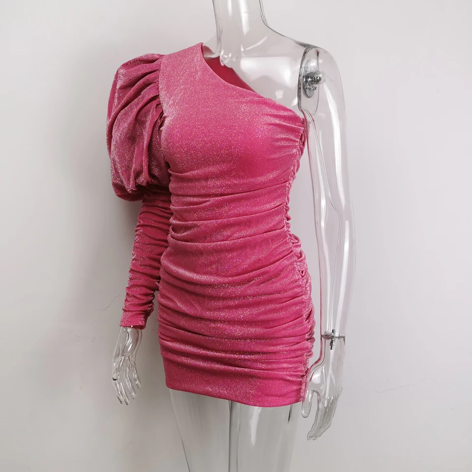 Big Discount OBI4Q Karlofea Female New Elegant Spring Outfits Dress Chic Sparkly Ruched Mini Dress Lovely One Shoulder Puff Sleeve Club Party Dress