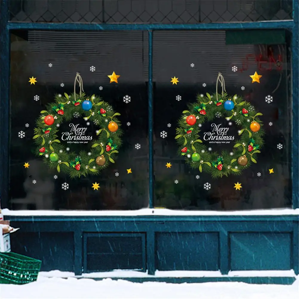 

2020 Christmas Wreath Wall Stickers Window Glass Section Decal Santa Claus Mural Art New Year Decoration Home Decoration