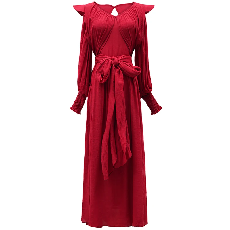 YOSIMI летнее платье макси из хлопка и льна, винтажное длинное женское платье, вечерние платья красного цвета с v-образным вырезом, длинный рукав, пояса, женские платья