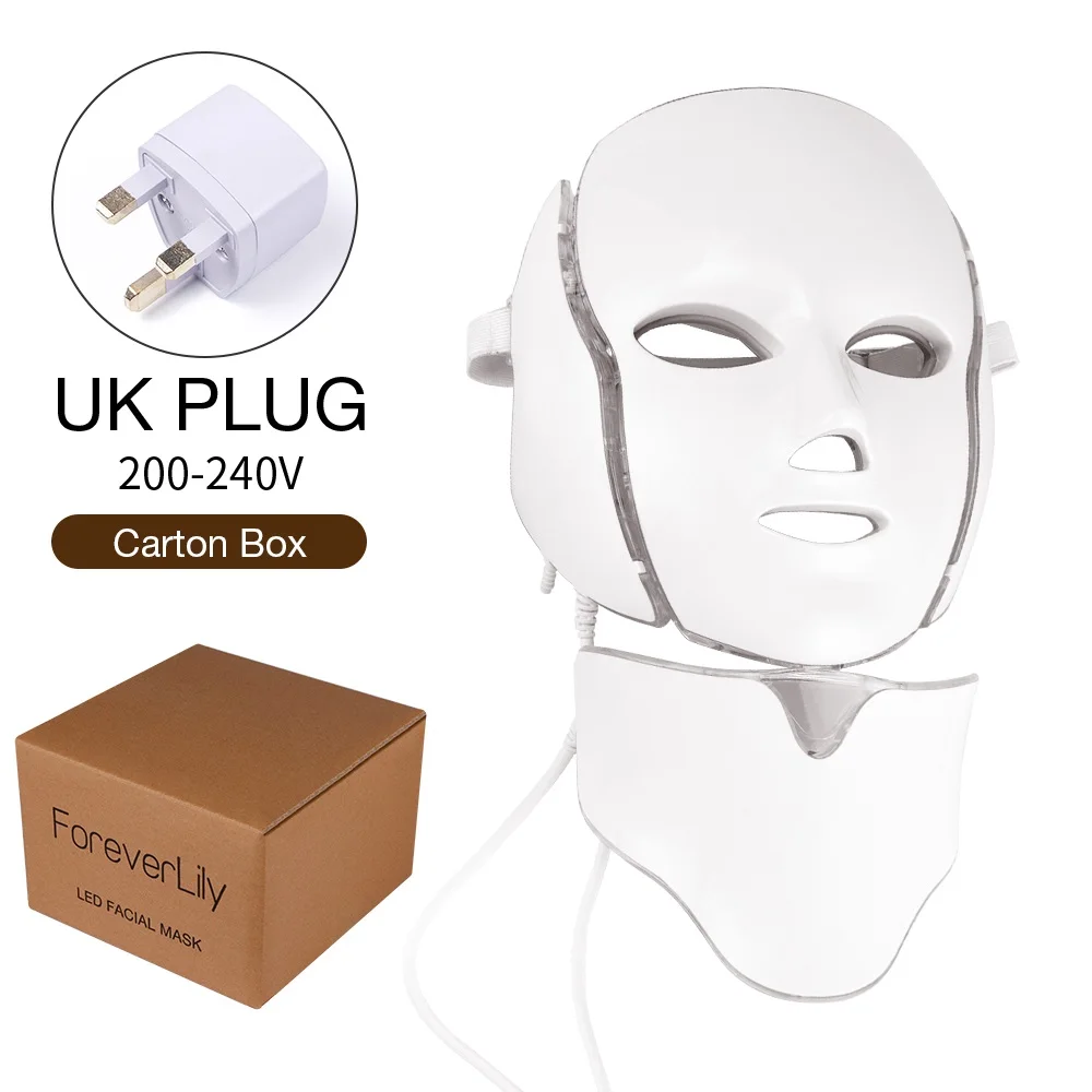 UK PLUG (220-240V Foreverlily 7 цветов светильник светодиодный маска для лица с омоложением кожи шеи уход за лицом Лечение Красота анти акне терапия отбеливание - Цвет: UK PLUG (220-240V