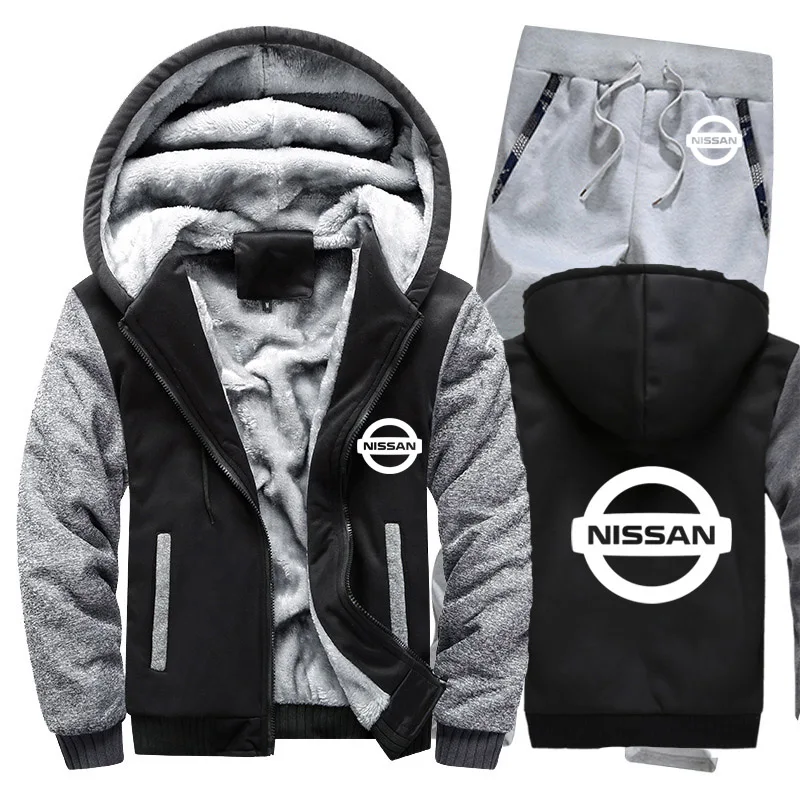 Толстовки для мужчин с логотипом автомобиля Nissan, мужские толстовки с капюшоном, костюм зимний толстый теплый флис, хлопковый спортивный костюм на молнии, мужская куртка+ штаны, комплекты из 2 предметов
