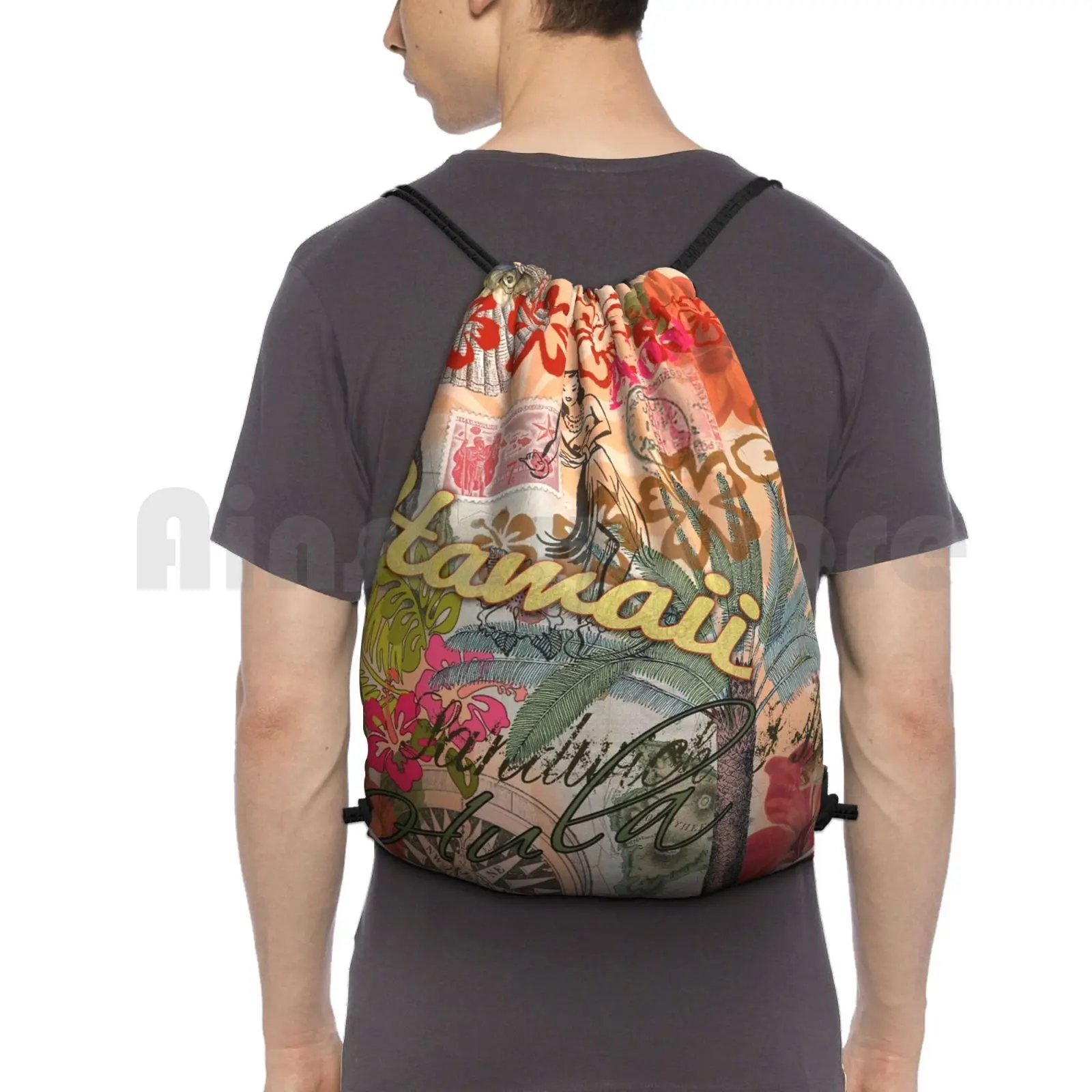 

Vintage Hawaii Travel Colorful Hawaiian Tropical Collage Backpack Drawstring Bags Gym Bag Waterproof Doodlefly Travel