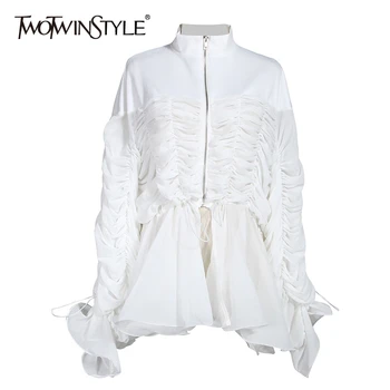 

TWOTWINSTYLE Drawstring Women's Shirts Puff Sleeve Stand Collar Ruched Zipper Shirt Blouse Female 2020 Autumn Oversized Fashion