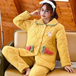 Pajamas Set Women Three-Layer Thicken Flannel Sleepwear Pyjamas Suits Coral Fleece 2 Pieces/Sets Long Sleeve Home Clothing