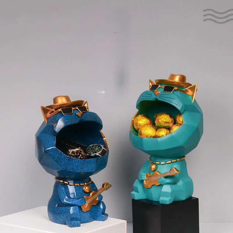 

New Nordic Resin Lucky Cat Statue Home Cool Cat Ornaments Bedroom Decoration Candy Key Storage Box Crafts Housewarming Gifts